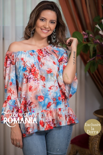 Bluza Suave bleu cu elastic la decolteu si croiala larga
